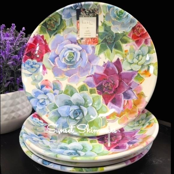 x4 Nicole Miller Succulent Flower Thick Melamine Dinner Plate Set Indoor Outdoor - Picture 1 of 5